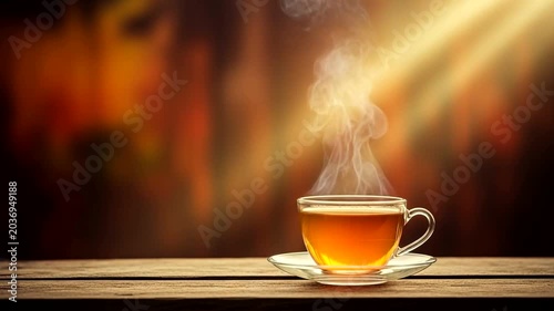 Steaming cup of tea on wooden table with sunlight