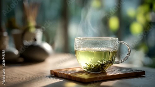 Steaming green tea in a serene morning setting
