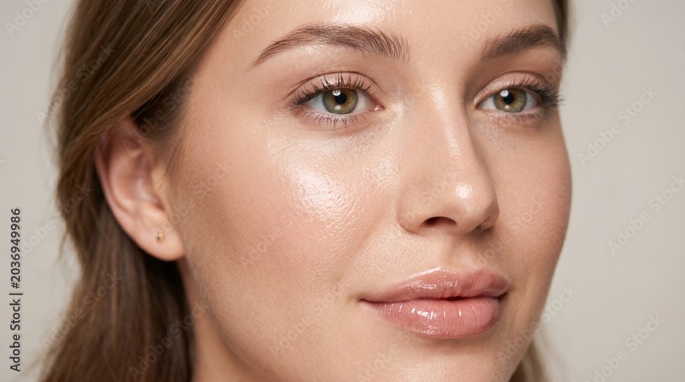 Fototapeta premium Close-up portrait of a woman with brown hair and green eyes showcasing her natural beauty and skincare