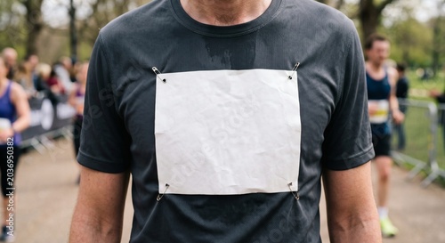Blank white marathon running bib mockup pinned on athletic shirt