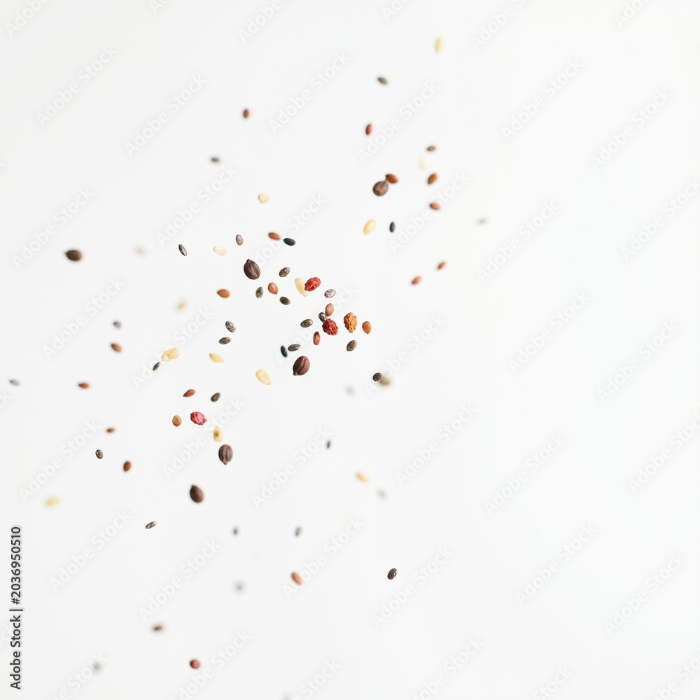 Fototapeta premium tiny fruit seeds floating in airy composition, soft lighting, minimal aesthetic, white background, copy space