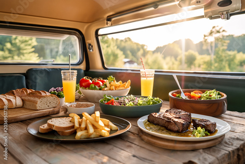 Camper van picnic setup with abundant food on rustic table.