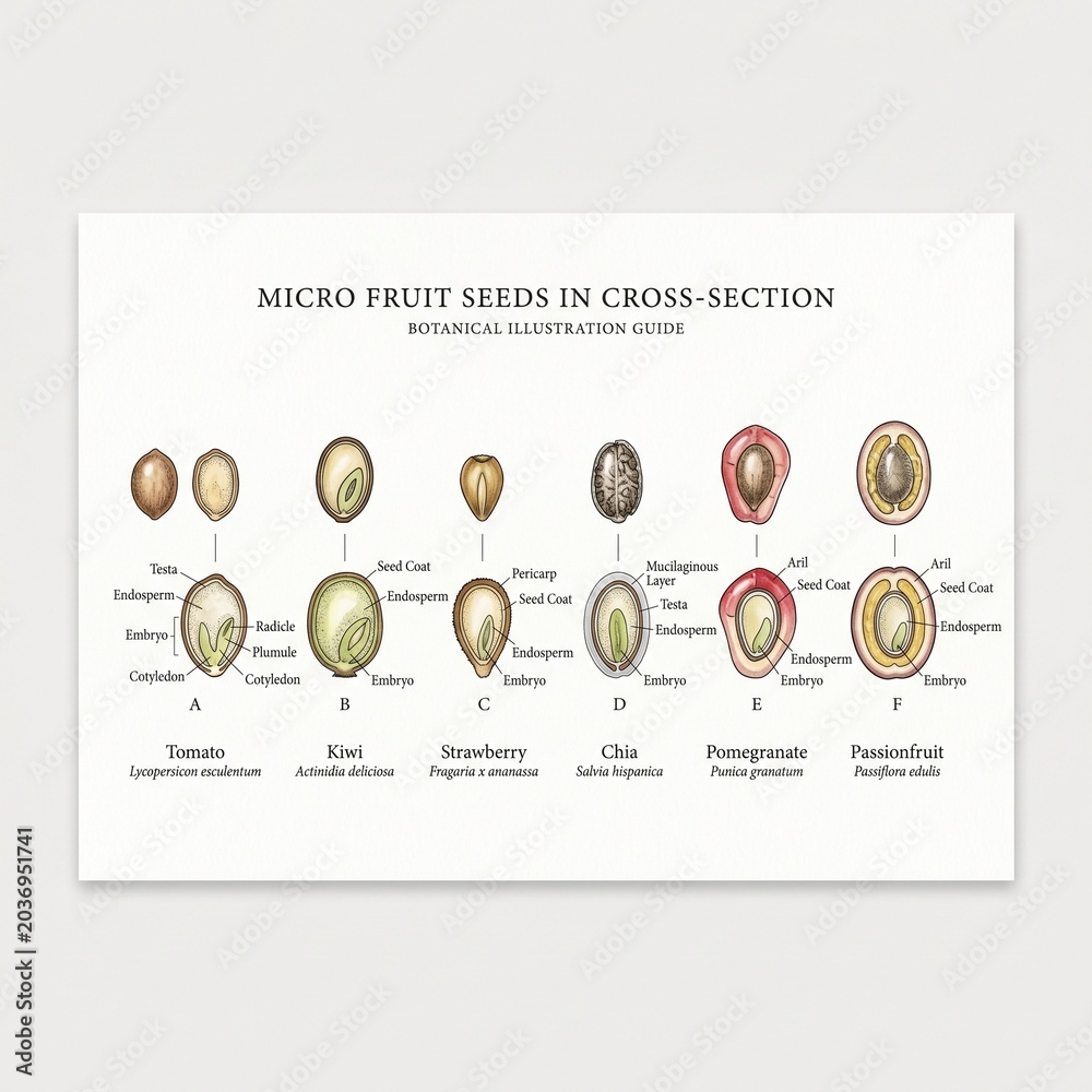 Fototapeta premium micro fruit seeds shown in cross section style, botanical illustration, minimal clean design, white background
