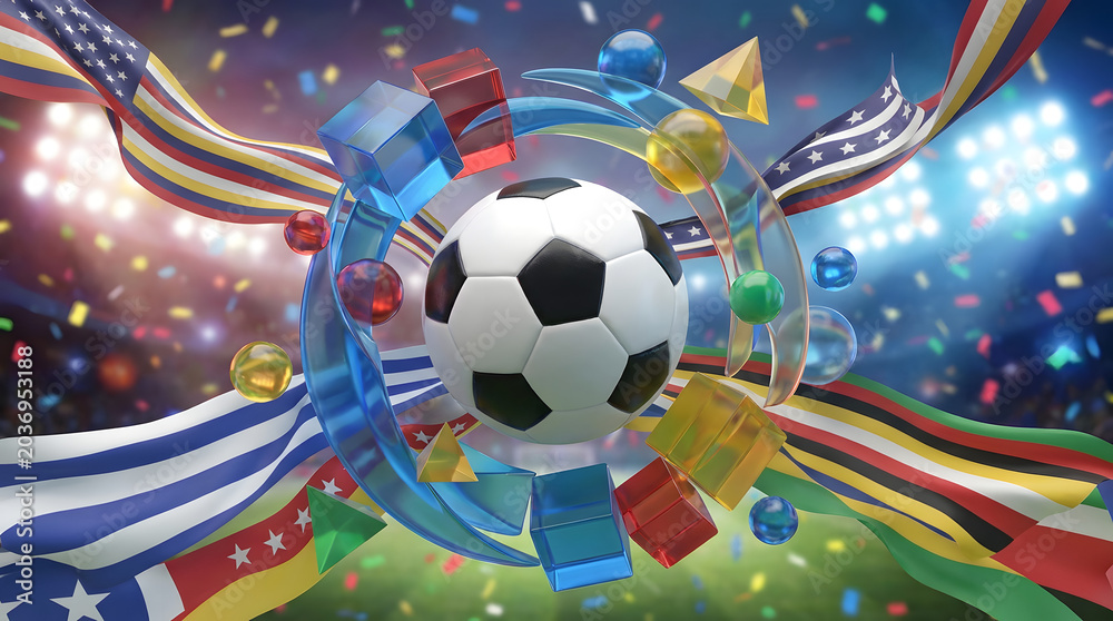 Naklejka premium Soccer Ball with Colorful Flags on a Green Background for Sports and Football Theme