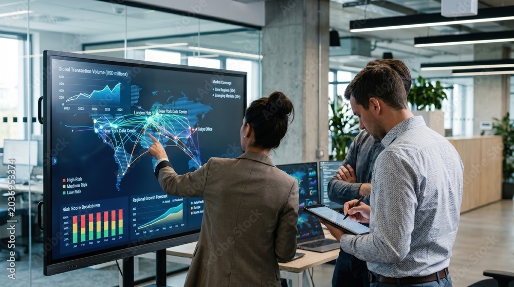 Fototapeta premium Business professionals analyzing global transaction volume map and risk score breakdown on large interactive touchscreen display while discussing regional growth forecasts