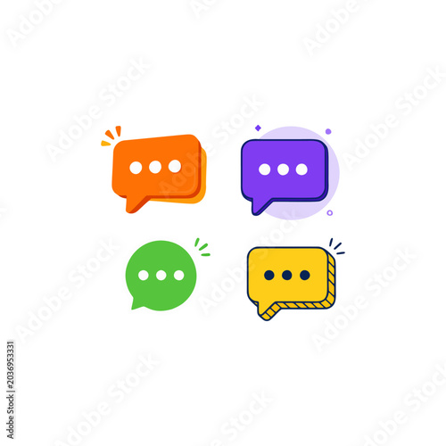 Colorful speech bubble icon set in various styles. Vector illustration of chat balloons with three dots including an orange layered shape, purple modern flat design, green circular speech bubble.