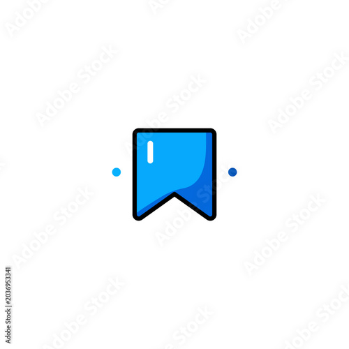 Blue bookmark flat line icon. Vector illustration of a bright blue bookmark flag ribbon symbol with bold outline, subtle highlight, and decorative side dots. Concept of saving pages.