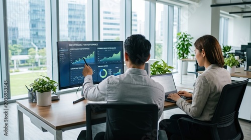Colleagues reviewing ESG sustainable fund performance on large monitor in bright office, green energy investment analysis