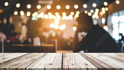 Cozy Cafe Ambiance with Warm Lighting and Wooden Table.
