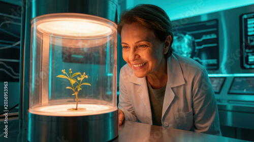 Female scientist observing plant in futuristic laboratory incubator
