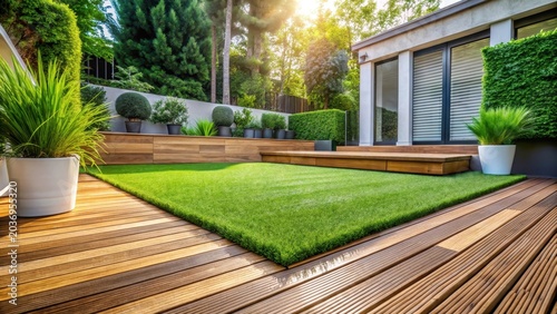 Artificial grass between wood decking sections in garden setting
