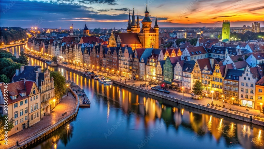 Obraz premium Panorama of the main town of gdansk at night poland