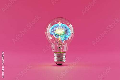 conceptual image of a glass lightbulb containing a glowing,