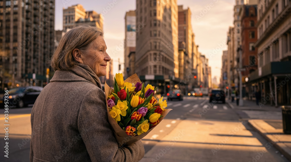 Fototapeta premium Senior woman holding flower bouquet in city street at sunset