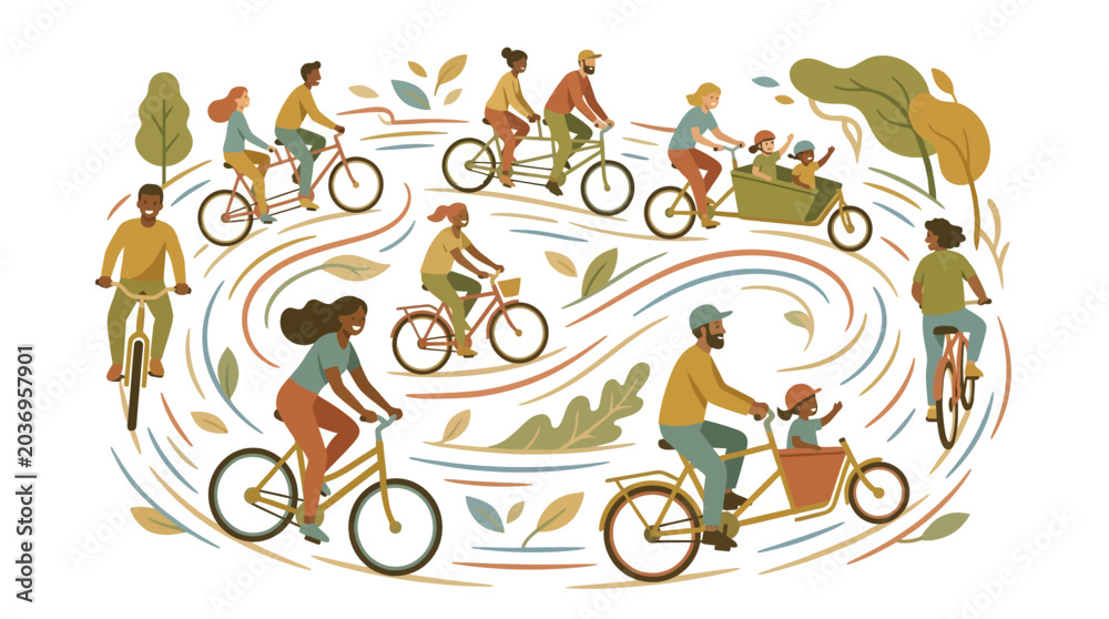 Obraz premium Diverse group of people cycling outdoors in a flat modern illustration style