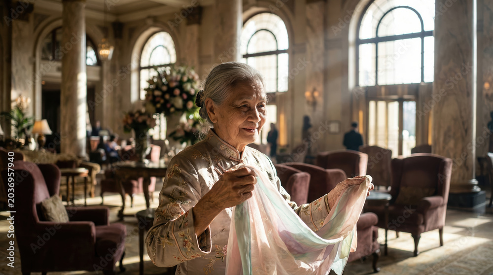 Fototapeta premium Elderly Asian woman holding silk scarf in luxury hotel lobby