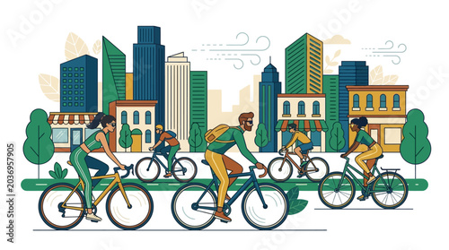 People riding bicycles on city street with skyscrapers in background
