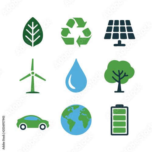 Collection of eco-friendly and sustainable living icons representing nature conservation and green energy solutions for a healthier planet