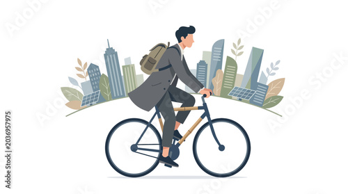 Person riding bicycle carrying sustainable city and urban eco elements