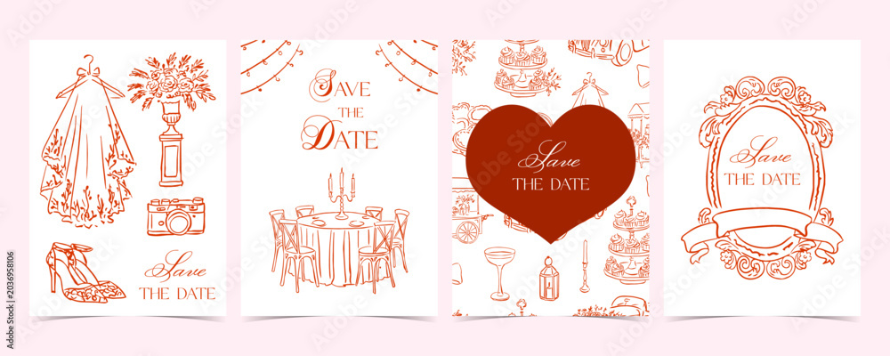 Naklejka premium Wedding Sketch Card Set With Dress Table Heart And Badge