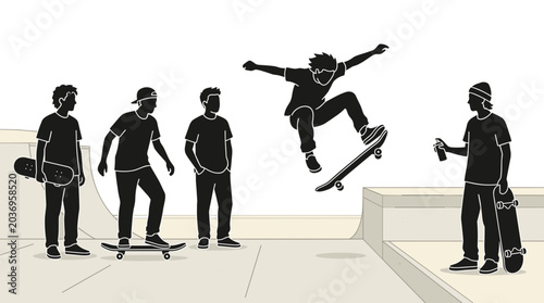 Dynamic skateboarding scene featuring a group of enthusiastic skaters in a minimalist flat design capturing the energy and excitement of urban sports in a vibrant setting