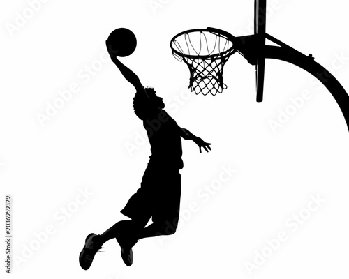 Tableau sur toile Basketball player silhouette dunking toward the hoop on a white background