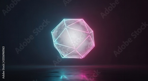 Abstract Geometric Shape with Neon Glow and Reflection.