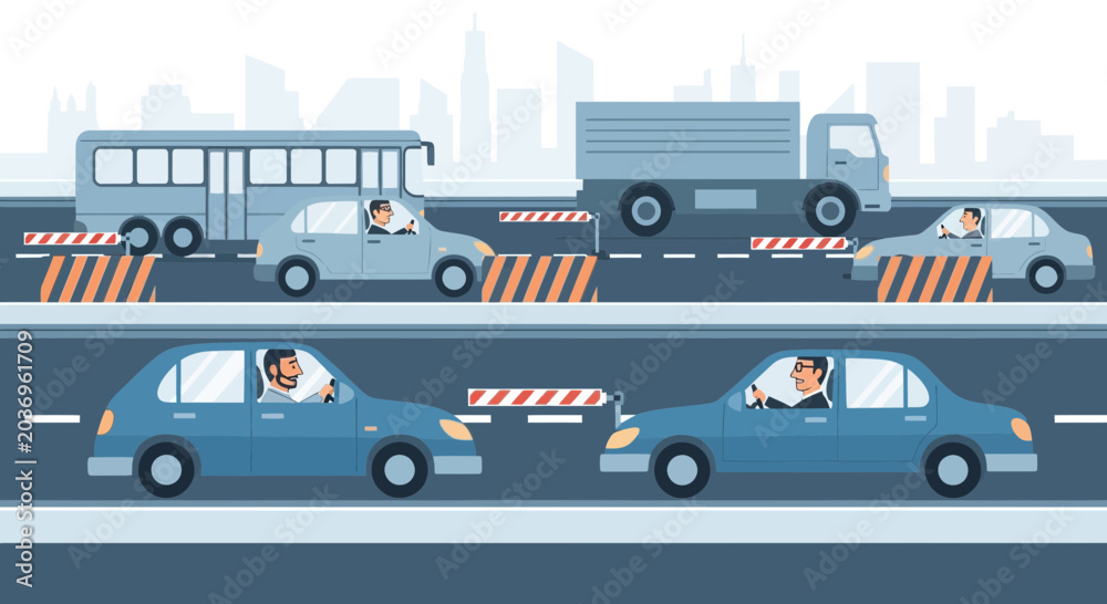 Fototapeta premium Traffic Jam on Highway with Cars, Bus, and Truck Blocked by Barriers