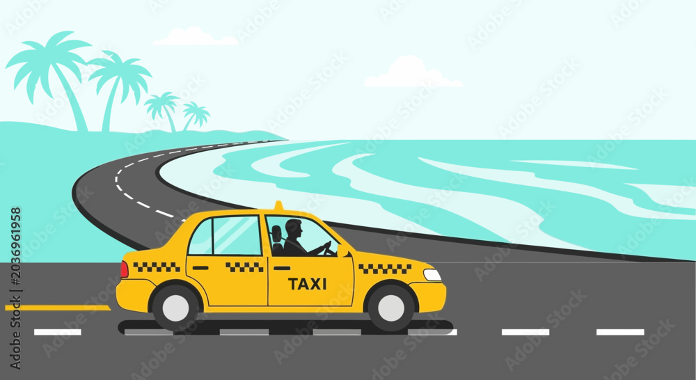 Fototapeta premium Yellow taxi driving on coastal road with palm trees and ocean view