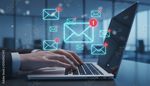 Businessman typing on laptop with glowing email icons and unread message notifications floating above keyboard, symbolizing online communication, email management, and digital workflow