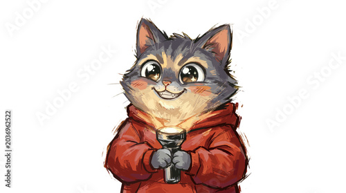 A cute, anthropomorphic tabby cat wearing a red hoodie and holding a glowing flashlight.