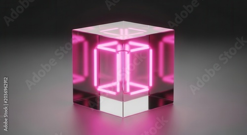 Abstract Glowing Pink Neon Light Cube on Dark Background.