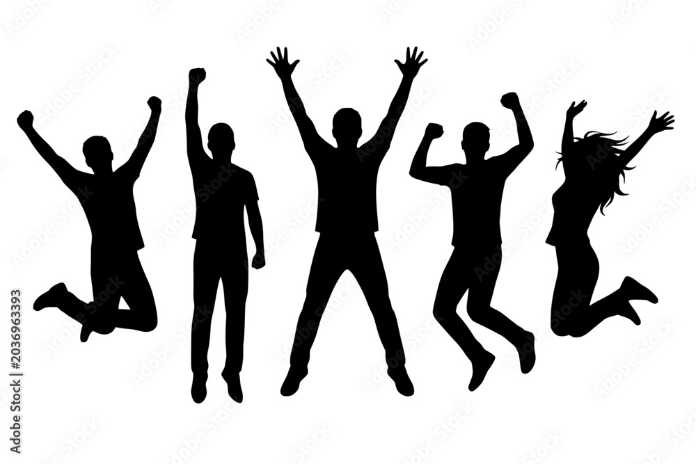 Fototapeta premium Vector silhouette of five people mid‑jump in dynamic poses, arms raised with energy and joy. Symbol of freedom, celebration, teamwork, and success, ideal for motivational or sports themes.