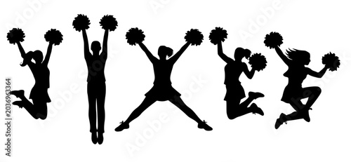 Bild auf Leinwand Minimalist vector silhouette of young cheerleaders jumping in the air holding pom poms to celebrate