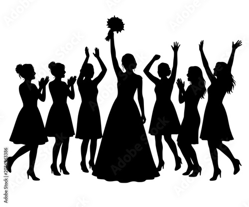 Canvastavla Minimalist vector silhouette of a bride holding up her bouquet, surrounded by cheering bridesmaids celebrating