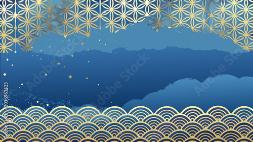 Billede på lærred Floral ornament with blue gradient background and golden geometric shapes