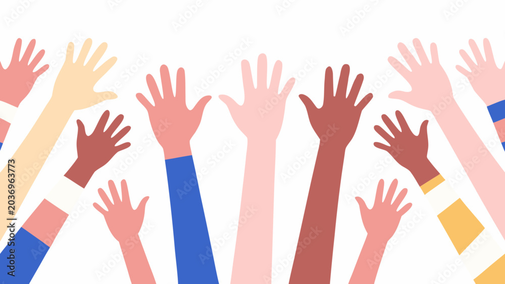 Fototapeta premium Raised hands illustration with diverse skin tones on white background