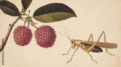 Detailed watercolor aged paper brown black grasshopper long antennae legs right side left branch with two large textured reddish purple fruits likely lychees one smaller green fruit from upper left pl