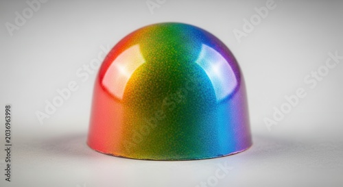 Abstract glossy rainbow colored dome shape isolated on a light gray background.