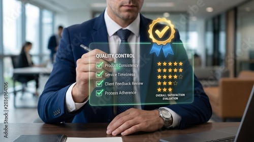 Businessman interacting with a holographic quality control interface in a modern office, displaying performance metrics and satisfaction ratings