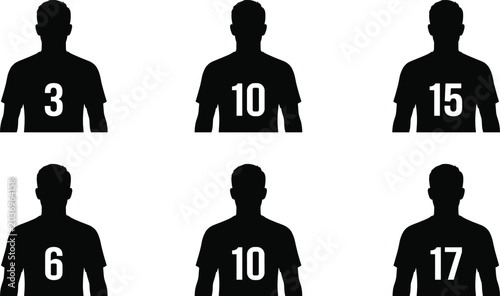 Fotografie Soccer player silhouette collection with jersey numbers isolated on white backgr
