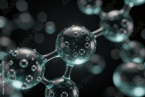 Cinematic 3D render of teal glass molecules with realistic water bubbles