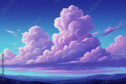Fluffy purple clouds fill sky, creating dreamy and surreal atmosphere