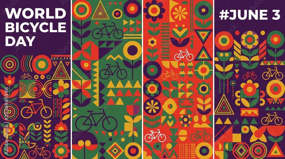 World Bicycle Day Geometric Bauhaus Style Seamless Abstract Pattern Vertical Banners Set