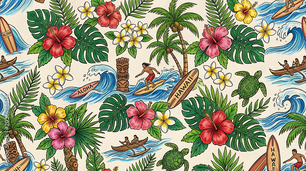Hand drawn hawaiian shirt pattern illustration with tropical motifs on transparent background