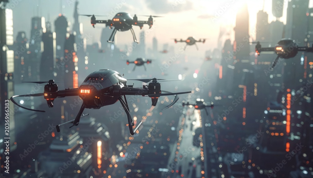 Naklejka premium Futuristic Cityscape with Drones Flying Over Skyscrapers at Sunset.