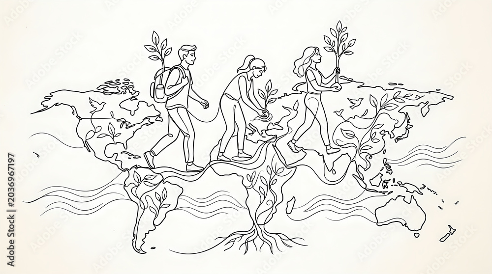 Fototapeta premium Diverse group of people walking across a stylized world map, planting trees and carrying saplings, symbolizing global environmentalism and growth in a minimalist line art style.