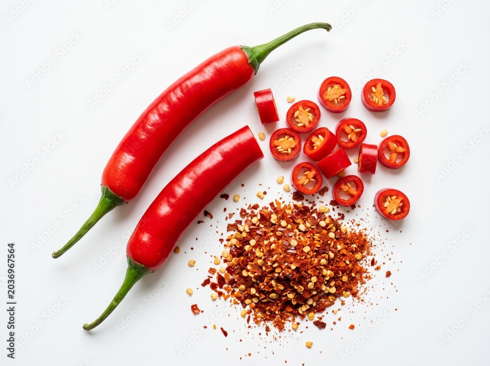 Fototapeta premium Red chili peppers and chili flakes.