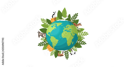 Earth globe with animals and tropical plants isolated on white background