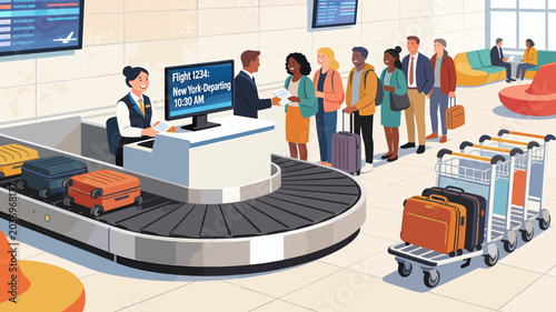 Schilderij op canvas Diverse group of travelers with luggage at an airport check-in counter with a flight information display screen